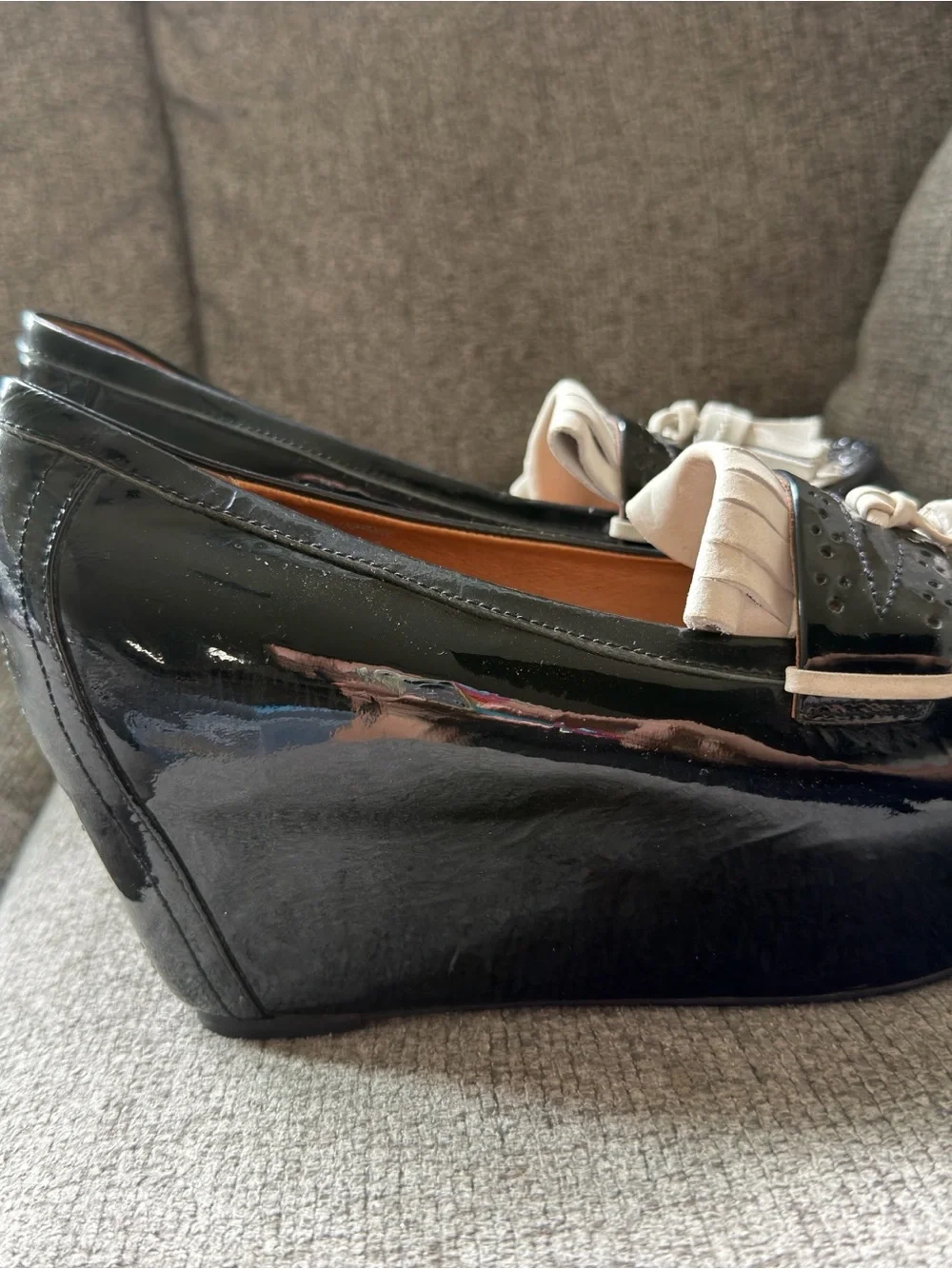 Sara Campbell Black Patent Leather Tassel Loafers with White Fringe